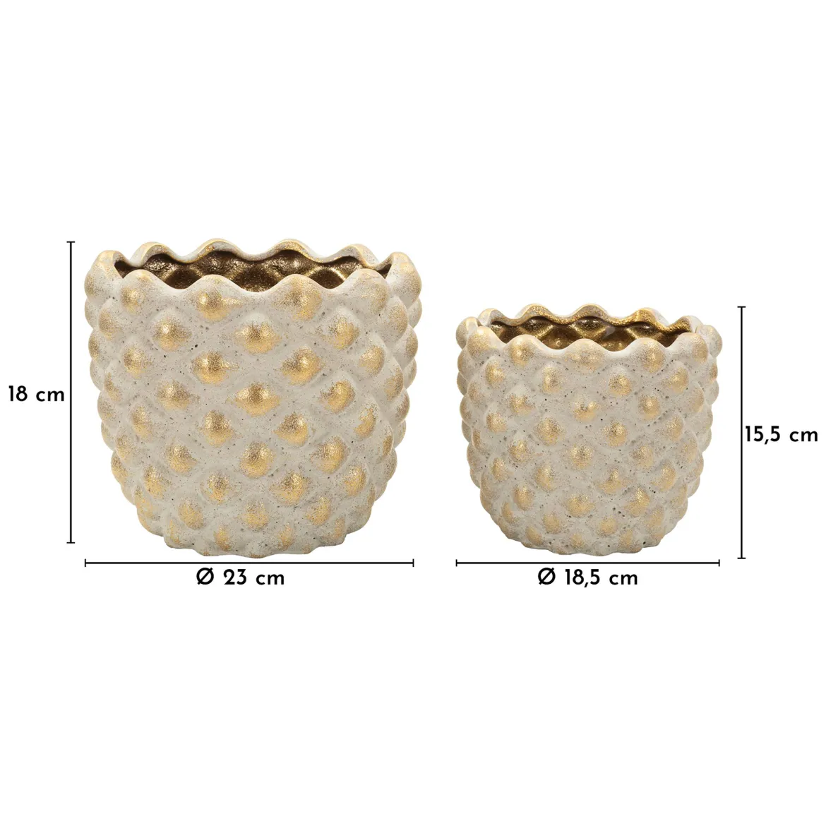 Vaso Beige oro set 2 Vasi, Finitura Geometrica a Rilievo Colore Struttura oro, Diametro Vaso Grande: 14, Vaso Piccolo: 9 cm - Taiping