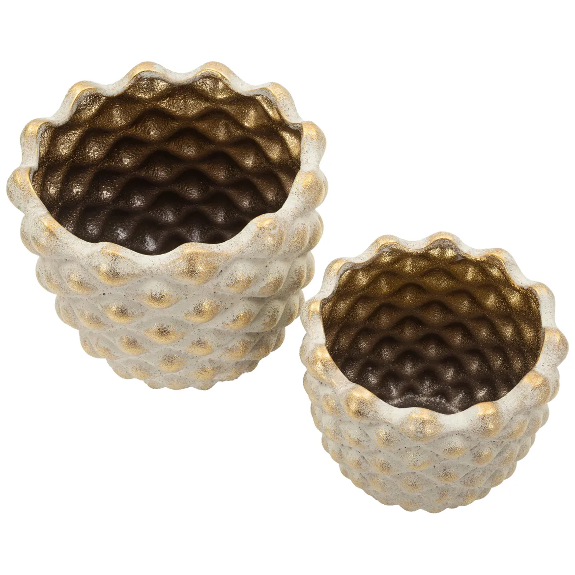 Vaso Beige oro set 2 Vasi, Finitura Geometrica a Rilievo Colore Struttura oro, Diametro Vaso Grande: 14, Vaso Piccolo: 9 cm - Taiping