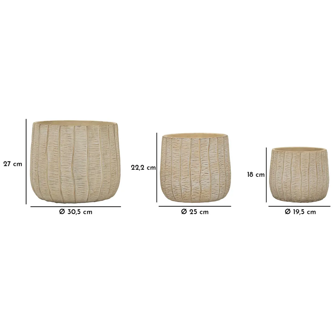 Vaso Beige Texture Verticale Effetto Legno Diametro Vaso Grande: 26.5, Vaso Medio: 20.5, Vaso Piccolo: 16.5 cm, - Bava