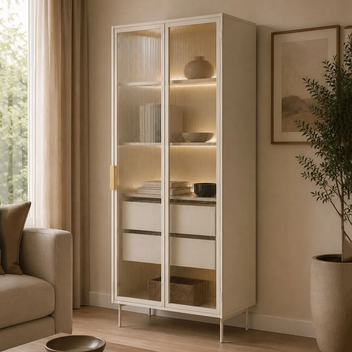 Vetrina Beige Cashmere Trasparente 4 Ripiani 2 Cassetti 92x39x195h cm, 2 Ante - Lafafasa