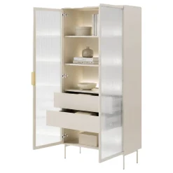 Vetrina Beige Cashmere Trasparente 4 Ripiani 2 Cassetti 92x39x195h cm, 2 Ante - Lafafasa