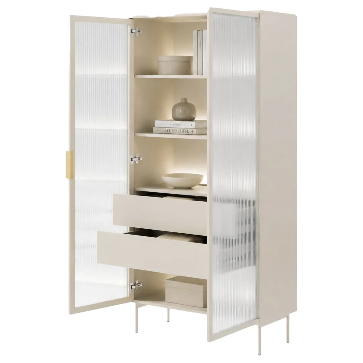 Vetrina Beige Cashmere Trasparente 4 Ripiani 2 Cassetti 92x39x195h cm, 2 Ante - Lafafasa