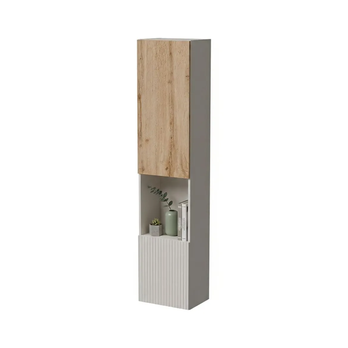 Vetrina Beige Marrone Rovere 4 Ripiani Un'anta 39.9x29.8x180h cm, Apertura Push Pull - Longano