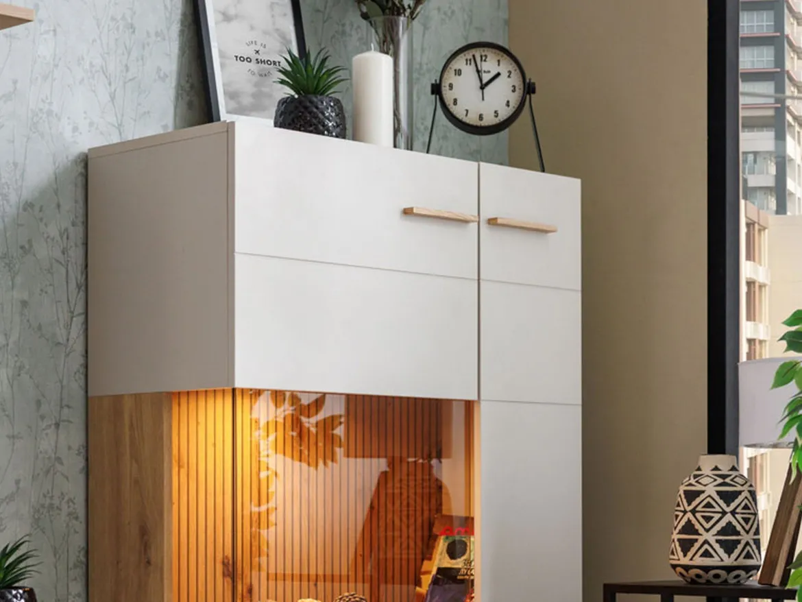 Vetrina Beige Marrone Rovere Nodi 4 Ripiani Apertura Battente 58x40x193h cm, 2 Ante - Sparso