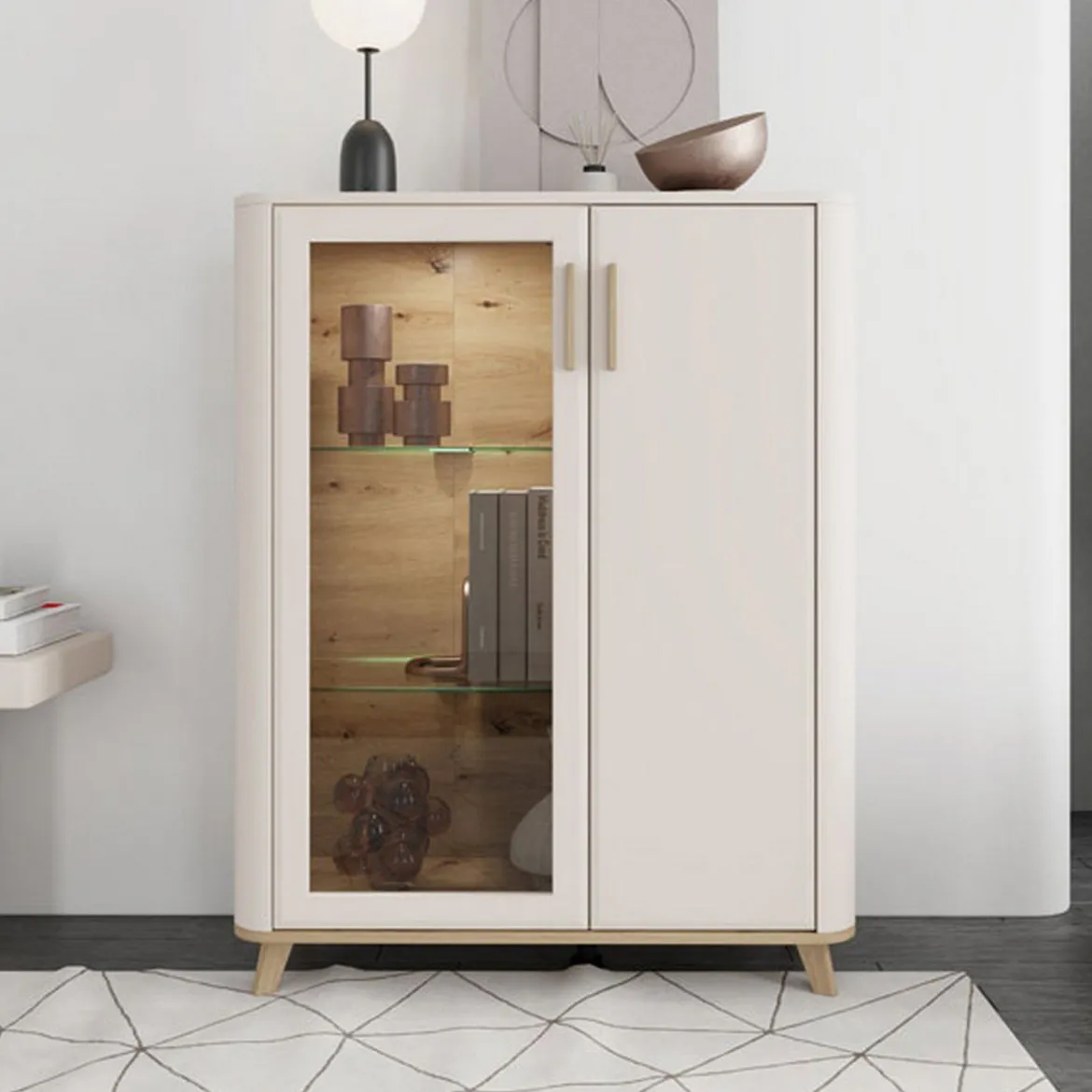 Vetrina Beige Marrone Rovere Nodi 4 Ripiani Apertura Battente 90x40x116.5h cm, 2 Ante - Castella