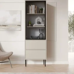 Vetrina Beige Nero 2 Ripiani 2 Cassetti 60x40x185h cm, Un'anta - Zanica