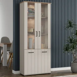 Vetrina Bianco Crema Marrone Rovere Nodi 4 Ripiani 2 Ante 79x36x191h cm, con Piedini, Anta Dettaglio Vetro - Tadas