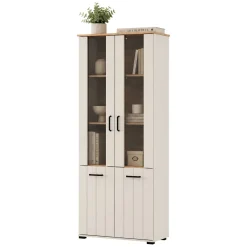 Vetrina Bianco Crema Marrone Rovere Nodi 4 Ripiani 2 Ante 79x36x191h cm, con Piedini, Anta Dettaglio Vetro - Tadas