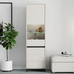 Vetrina Bianco Crema Nero 4 Ripiani 2 Ante 55x40x193h cm, con Piedini, Anta e Ripiano Dettaglio Vetro - Ovodda