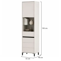 Vetrina Bianco Crema Nero 4 Ripiani 2 Ante 55x40x193h cm, con Piedini, Anta e Ripiano Dettaglio Vetro - Ovodda
