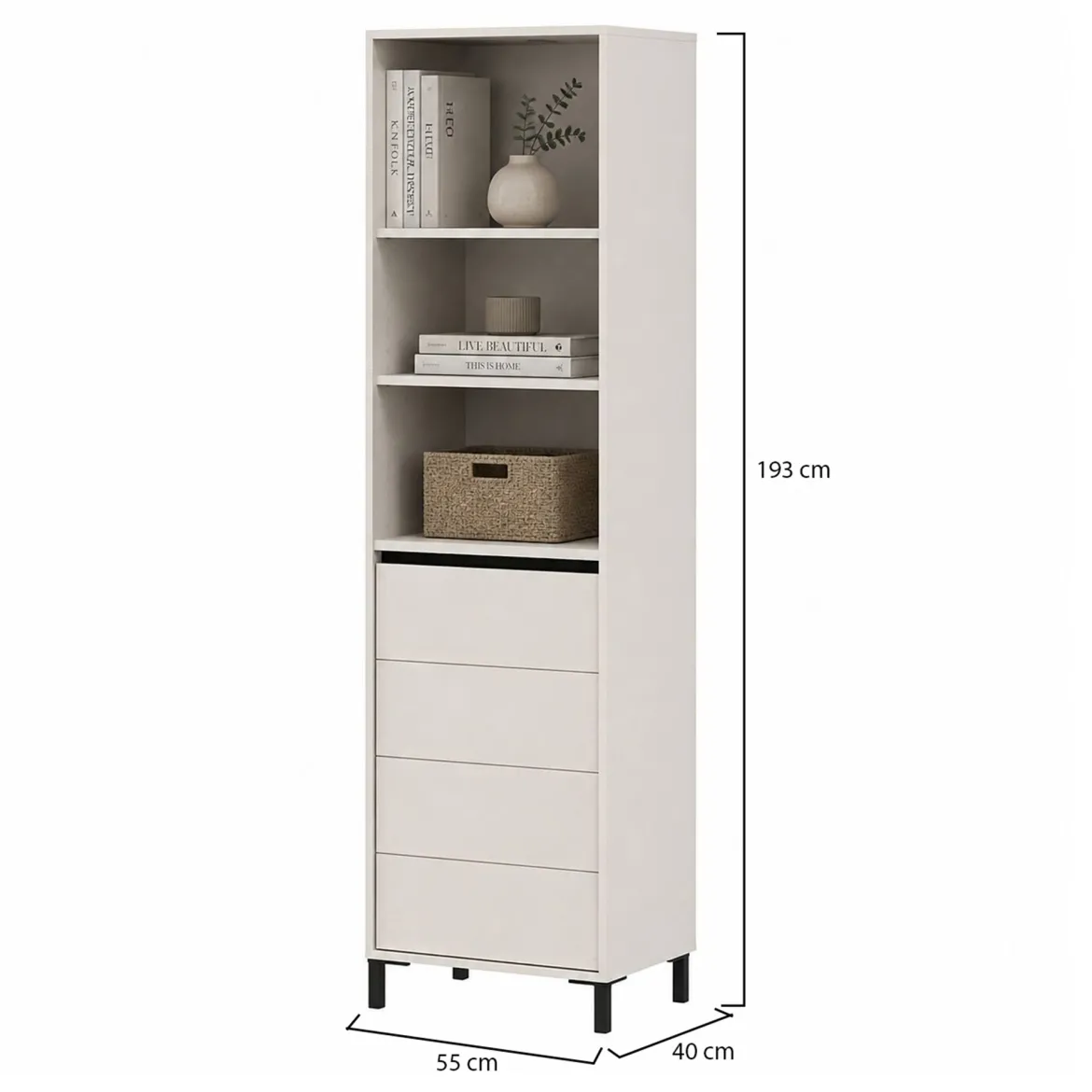 Vetrina Bianco Crema Nero 4 Ripiani Apertura Battente 55x40x193h cm, Un'anta - Calto