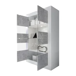 Vetrina Bianco Lucido Grigio Cemento 3 Ripiani 2 Ante 101.4x42x161.2h cm, Apertura con Maniglia - Suzzara