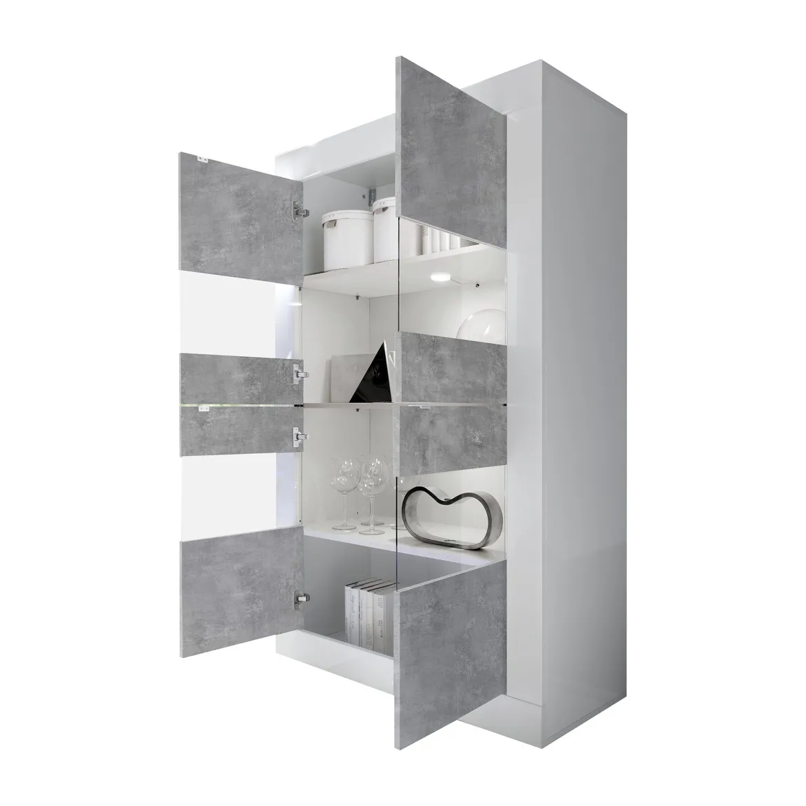 Vetrina Bianco Lucido Grigio Cemento 3 Ripiani 2 Ante 101.4x42x161.2h cm, Apertura con Maniglia - Suzzara