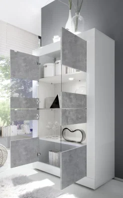 Vetrina Bianco Lucido Grigio Cemento 3 Ripiani 2 Ante 101.4x42x161.2h cm, Apertura con Maniglia - Suzzara