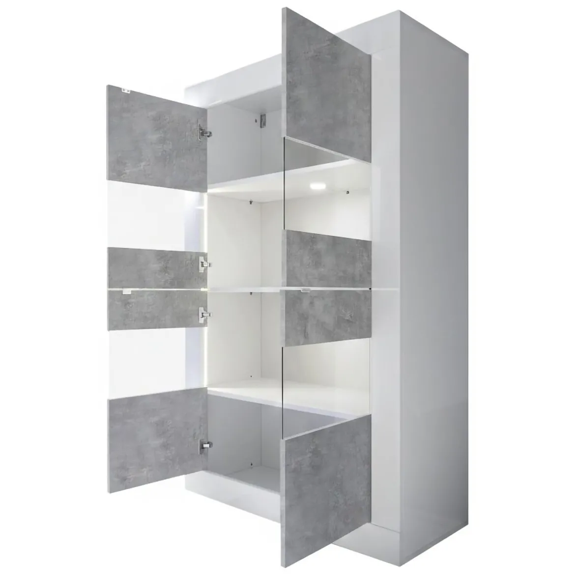 Vetrina Bianco Lucido Grigio Cemento 3 Ripiani 2 Ante 101.4x42x161.2h cm, Apertura con Maniglia - Suzzara