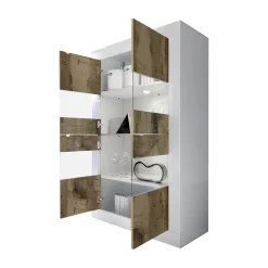 Vetrina Bianco Lucido Marrone Pero 2 Ante Colore Struttura Marrone 101.4x42x161.2h cm, Colore Ripiano Bianco - Suzzara
