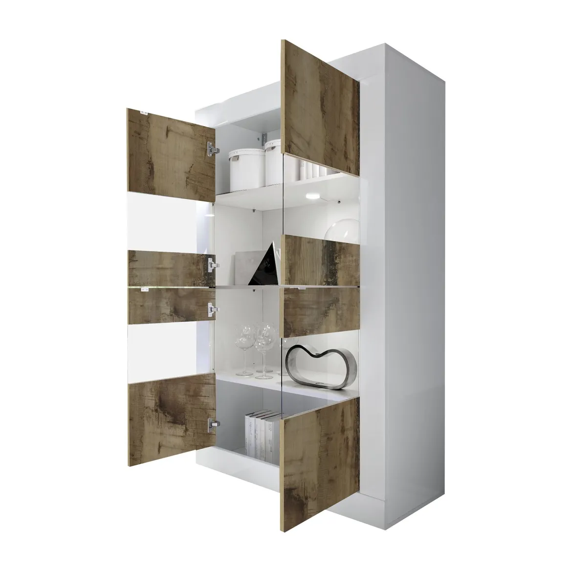 Vetrina Bianco Lucido Marrone Rovere 2 Ripiani Un'anta 72x40x154h cm, con led - Kato