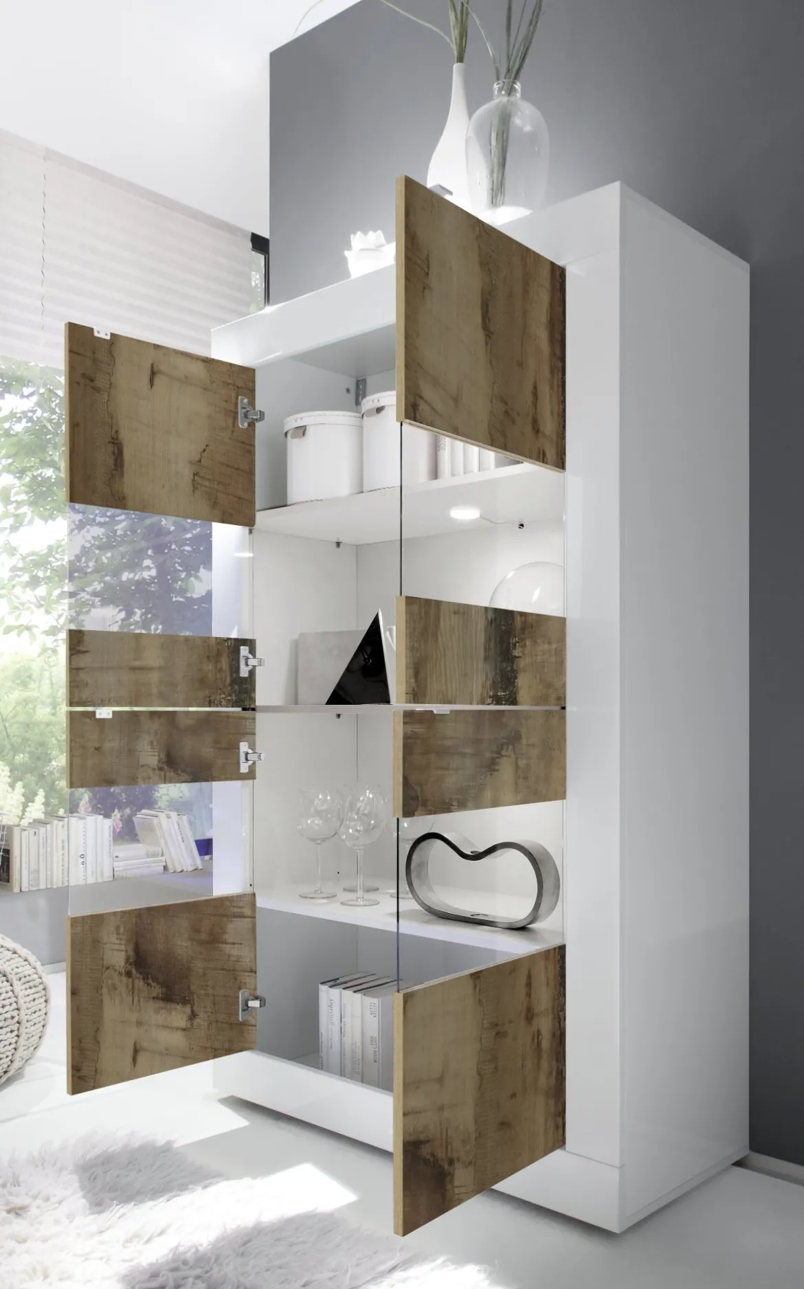 Vetrina Bianco Lucido Marrone Rovere 2 Ripiani Un'anta 72x40x154h cm, con led - Kato