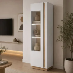 Vetrina Bianco Lucido Marrone Rovere 3 Ripiani Un'anta 60x40x194h cm, con led - Katito