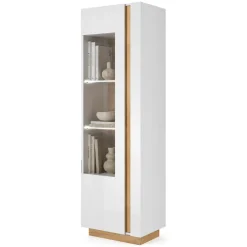 Vetrina Bianco Lucido Marrone Rovere 3 Ripiani Un'anta 60x40x194h cm, con led - Katito
