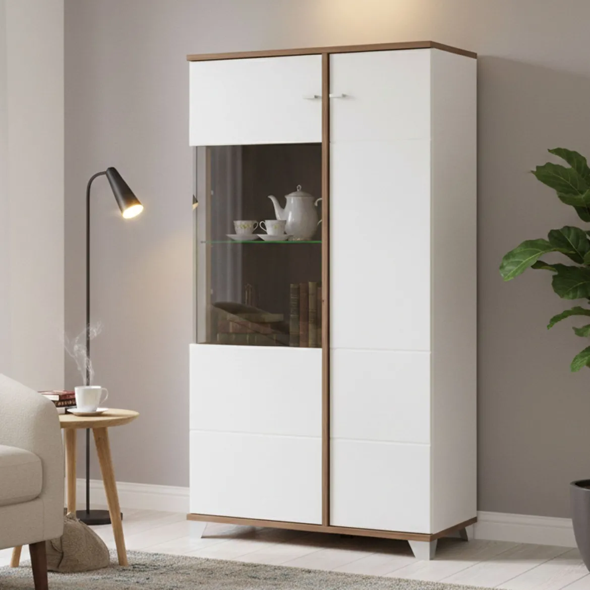 Vetrina Bianco Marrone Rovere Nodi 8 Ripiani Apertura Battente 78.5x40x200.5h cm, 2 Ante - Arentino