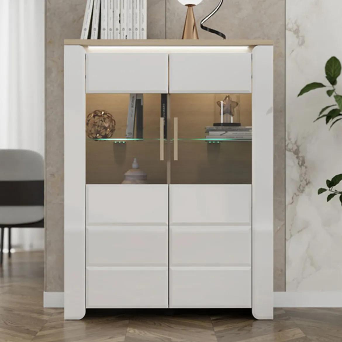 Vetrina Bianco Opaco Marrone Rovere Nodi 4 Ripiani 2 Ante 60x34x191h cm, con Piedini - Doreno