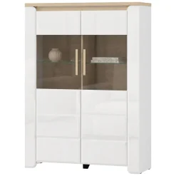 Vetrina Bianco Opaco Marrone Rovere 2 Ripiani 2 Ante 96x35x130h cm, Anta e Ripiani Dettaglio Vetro - Erto