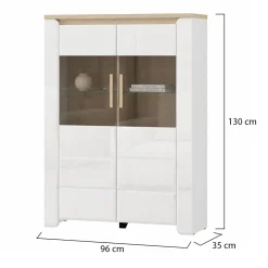 Vetrina Bianco Opaco Marrone Rovere Nodi 4 Ripiani 2 Ante 60x34x191h cm, con Piedini - Doreno