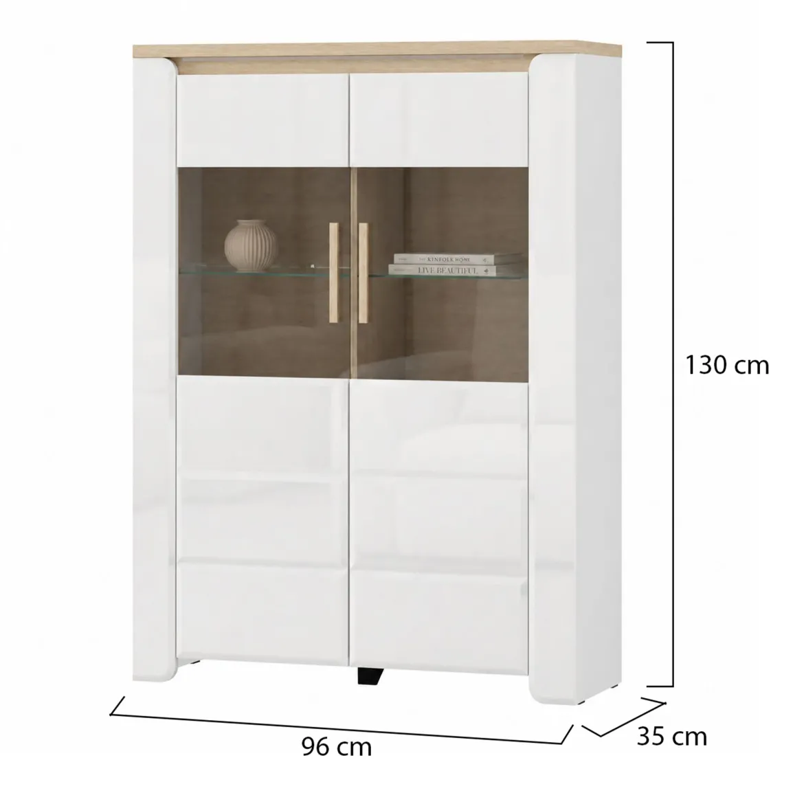 Vetrina Bianco Opaco Marrone Rovere Nodi 4 Ripiani 2 Ante 60x34x191h cm, con Piedini - Doreno