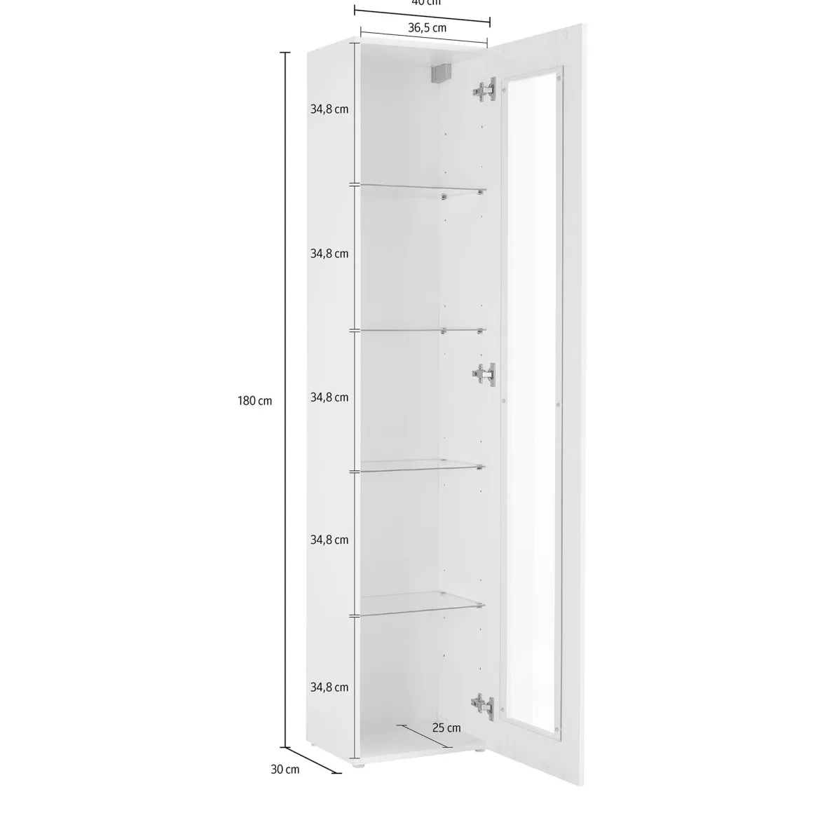 Vetrina Bianco 4 Ripiani Un'anta 40x30x180h cm, 5 Vani - Arnika