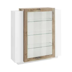 Vetrina Dlamagn, cm 120x45h115, Bianco lucido e Acero