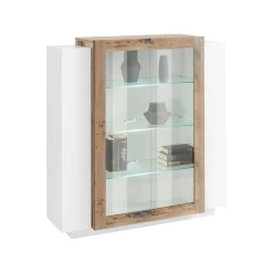 Vetrina Dlamagn, cm 120x45h115, Bianco lucido e Acero