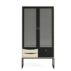 Vetrina Fabiola, Credenza espositiva, Vetrinetta multiuso, Madia da soggiorno, 40x99 h189 cm, Nero e Quercia