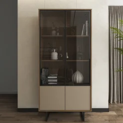 Vetrina Marrone Noce Beige 3 Ripiani 2 Ante 190x40x90h cm, Anta Dettaglio Vetro - Agro