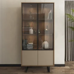 Vetrina Marrone Noce Beige 3 Ripiani 2 Ante 190x40x90h cm, Anta Dettaglio Vetro, con Luci led - Agro
