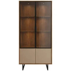 Vetrina Marrone Noce Beige 3 Ripiani 2 Ante 190x40x90h cm, Anta Dettaglio Vetro, con Luci led - Agro