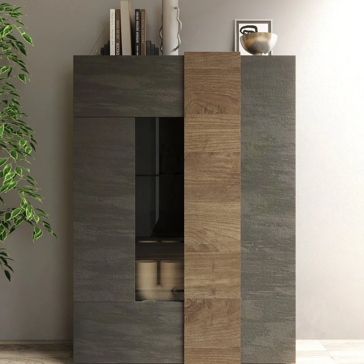 Vetrina Marrone Noce Marrone Rovere 8 Ripiani 2 Ante 121x44x169h cm, Apertura Standard - Valdagno