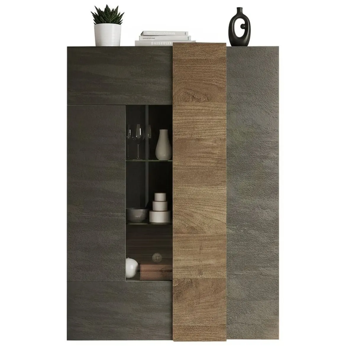 Vetrina Marrone Noce Marrone Rovere 8 Ripiani 2 Ante 121x44x169h cm, Apertura Standard - Valdagno