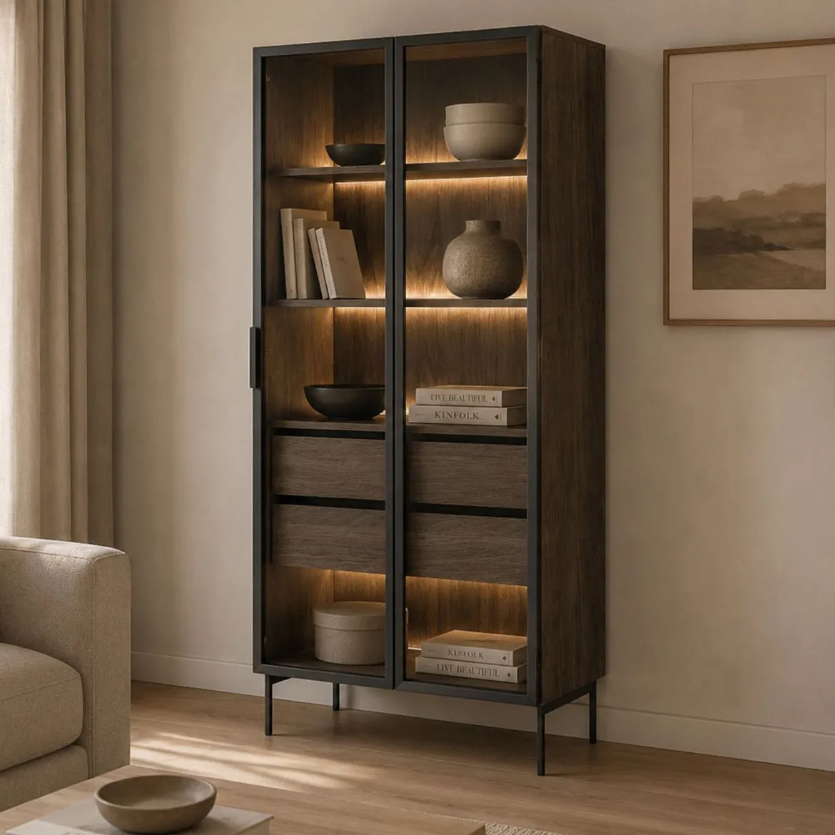 Vetrina Marrone Noce Trasparente 8 Ripiani 2 Ante 94x40x196h cm, con led - Katiso