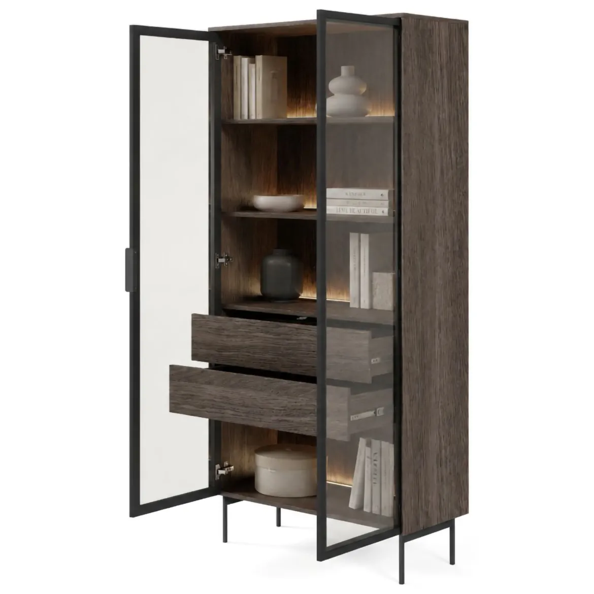 Vetrina Marrone Noce Trasparente 8 Ripiani 2 Ante 94x40x196h cm, con led - Katiso