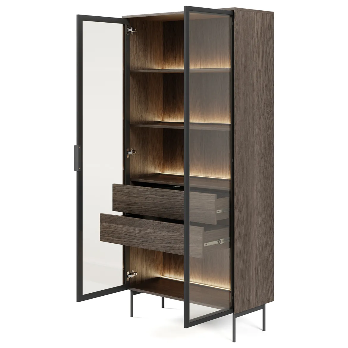 Vetrina Marrone Noce Trasparente 8 Ripiani 2 Ante 94x40x196h cm, con led - Katiso