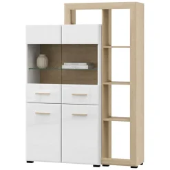 Vetrina Marrone Rovere Bianco Opaco 3 Ripiani 4 Ante 113x35x157h cm, con Piedini, Anta e Ripiano Dettaglio Vetro - Niel