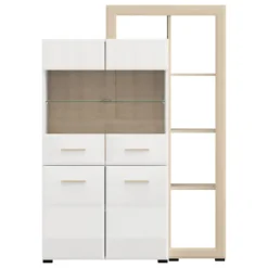 Vetrina Marrone Rovere Bianco Opaco 3 Ripiani 4 Ante 113x35x157h cm, con Piedini, Anta e Ripiano Dettaglio Vetro - Niel