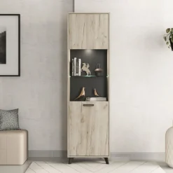 Vetrina Marrone Rovere Chiaro Nero 4 Ripiani Apertura Battente 53.5x33x191.5h cm, Un'anta - Raggiolo