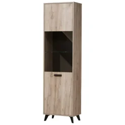 Vetrina Marrone Rovere Chiaro Nero 4 Ripiani Apertura Battente 53.5x33x191.5h cm, Un'anta - Raggiolo