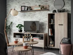 Vetrina Marrone Rovere Chiaro Nero 4 Ripiani Un'anta 67.5x33x130.5h cm, 6 Vani - Dolzago