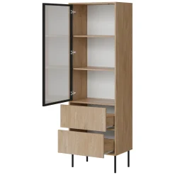 Vetrina Marrone Rovere Nero 2 Ripiani 2 Cassetti 60x40x185h cm, Un'anta - Zanica