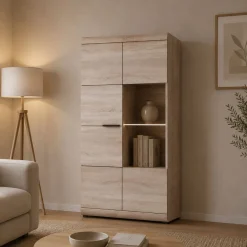 Vetrina Marrone Rovere Nero 8 Ripiani 2 Ante 80x37x194h cm, con led Angoli Arrotondati - Ladara