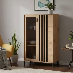Vetrina Marrone Rovere Nodi Nero 4 Ripiani 2 Ante 55x40x193h cm, con Piedini, Anta e Ripiano Dettaglio Vetro - Ovodda