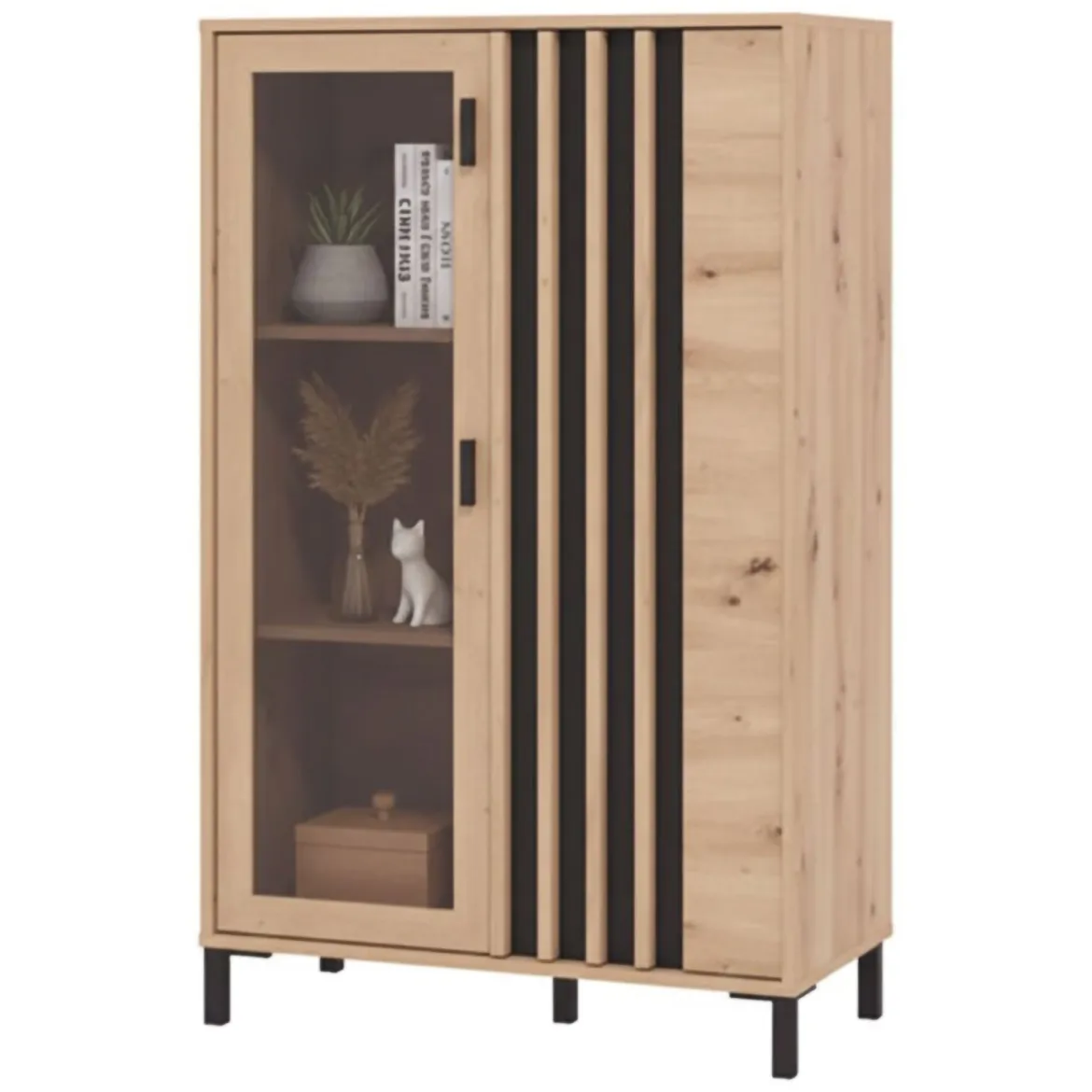 Vetrina Marrone Rovere Nodi Nero 4 Ripiani 2 Ante 55x40x193h cm, con Piedini, Anta e Ripiano Dettaglio Vetro - Ovodda